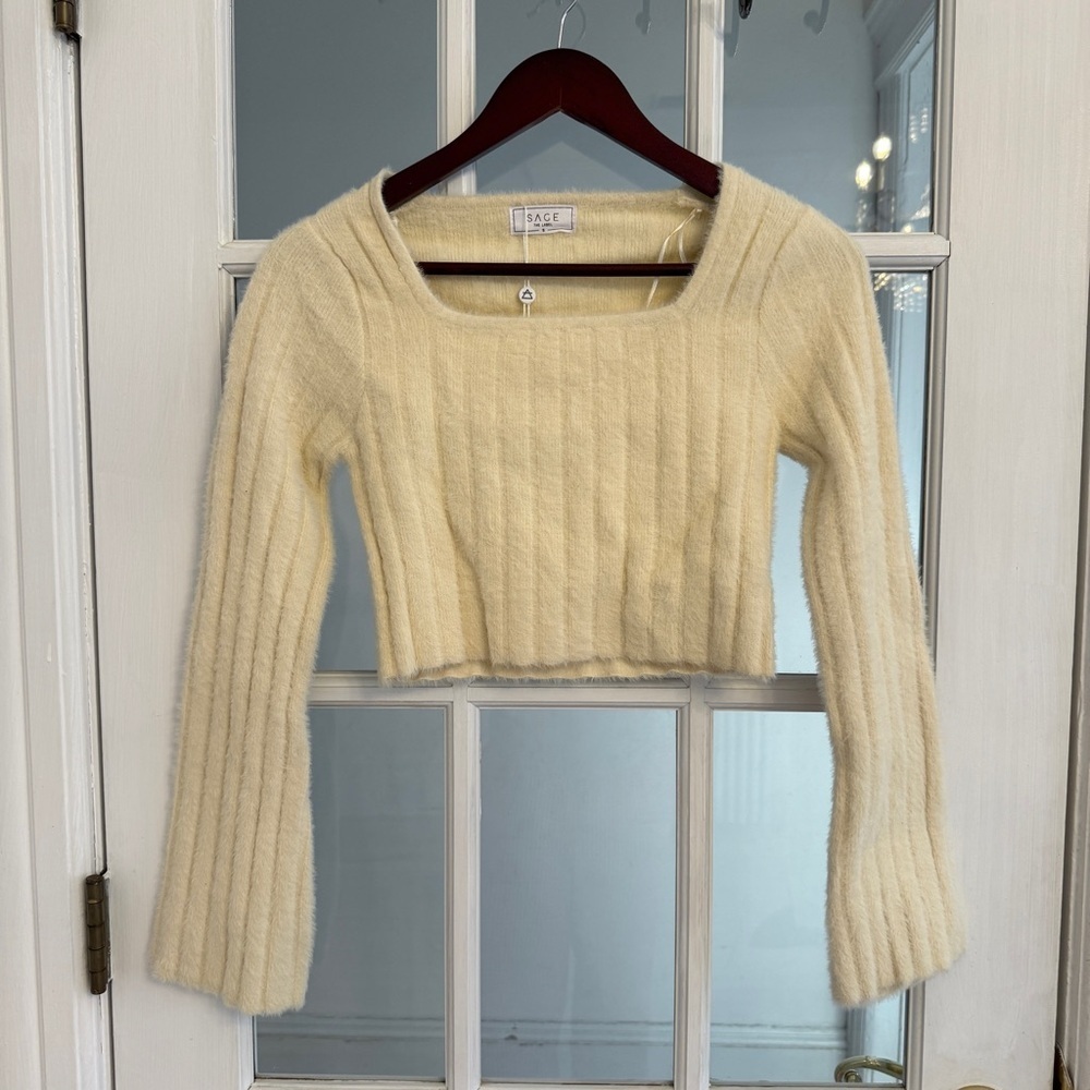 SAGE THE LABEL Women's Ivory Fuzzy Square Neck Cropped Camille Sweater Size S